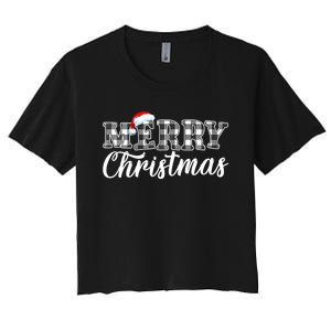 Merry Christmas Buffalo Black And White Plaid Women's Crop Top Tee