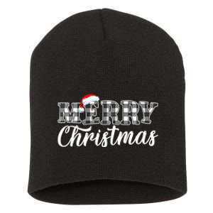 Merry Christmas Buffalo Black And White Plaid Short Acrylic Beanie