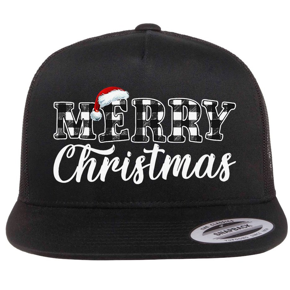 Merry Christmas Buffalo Plaid Black And White Santa Hat Xmas Flat Bill Trucker Hat