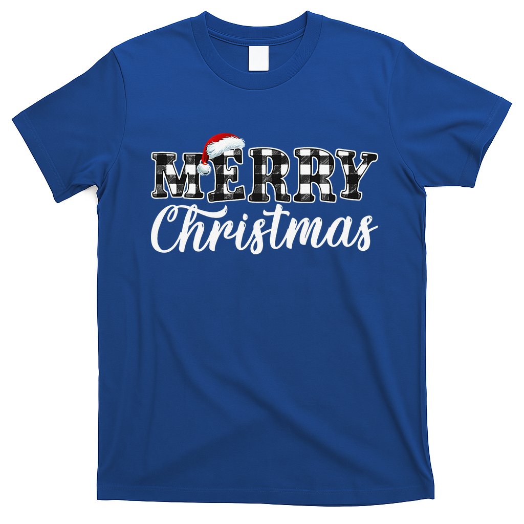 Merry Christmas Buffalo Plaid Black And White Santa Hat Xmas T-Shirt