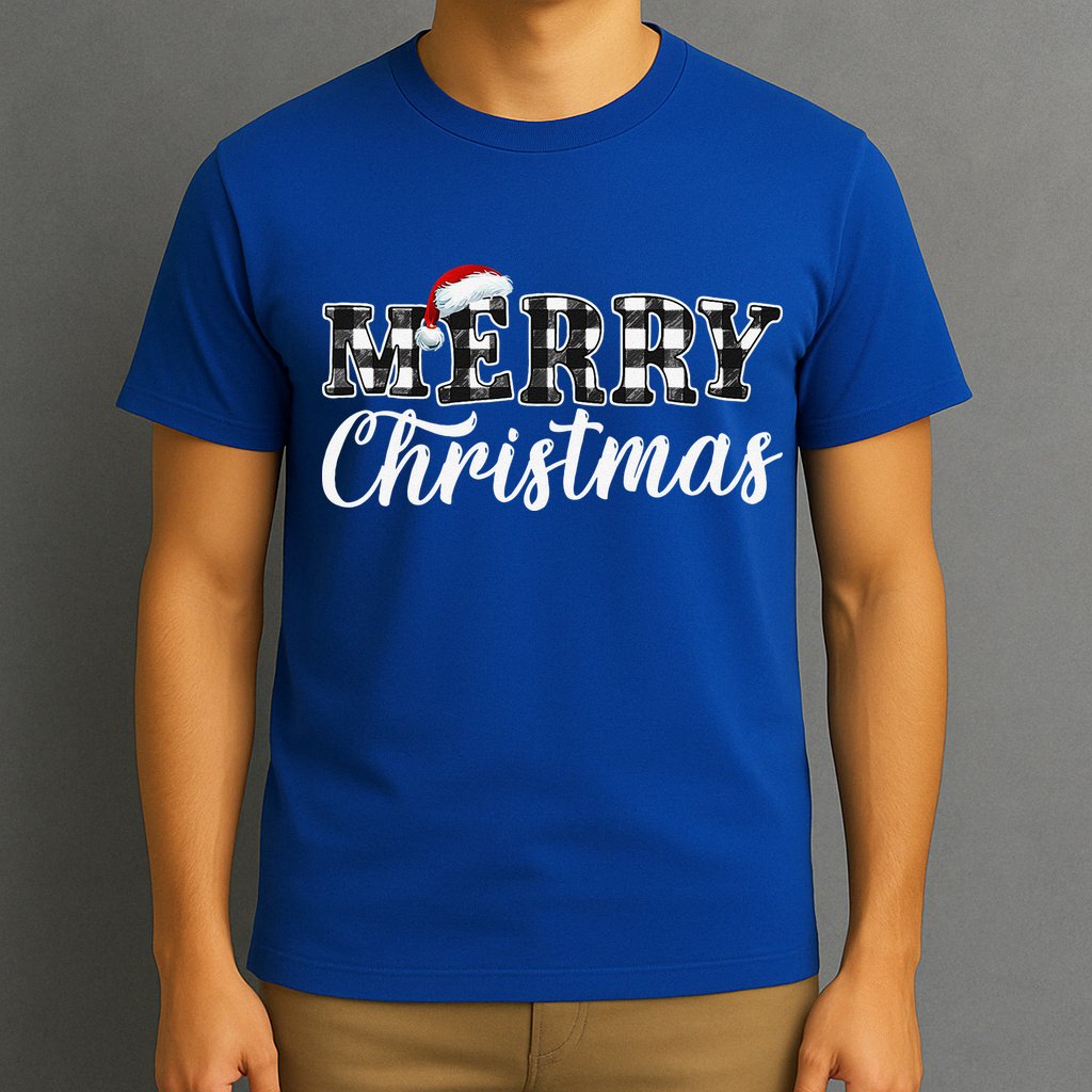 Merry Christmas Buffalo Plaid Black And White Santa Hat Xmas T-Shirt