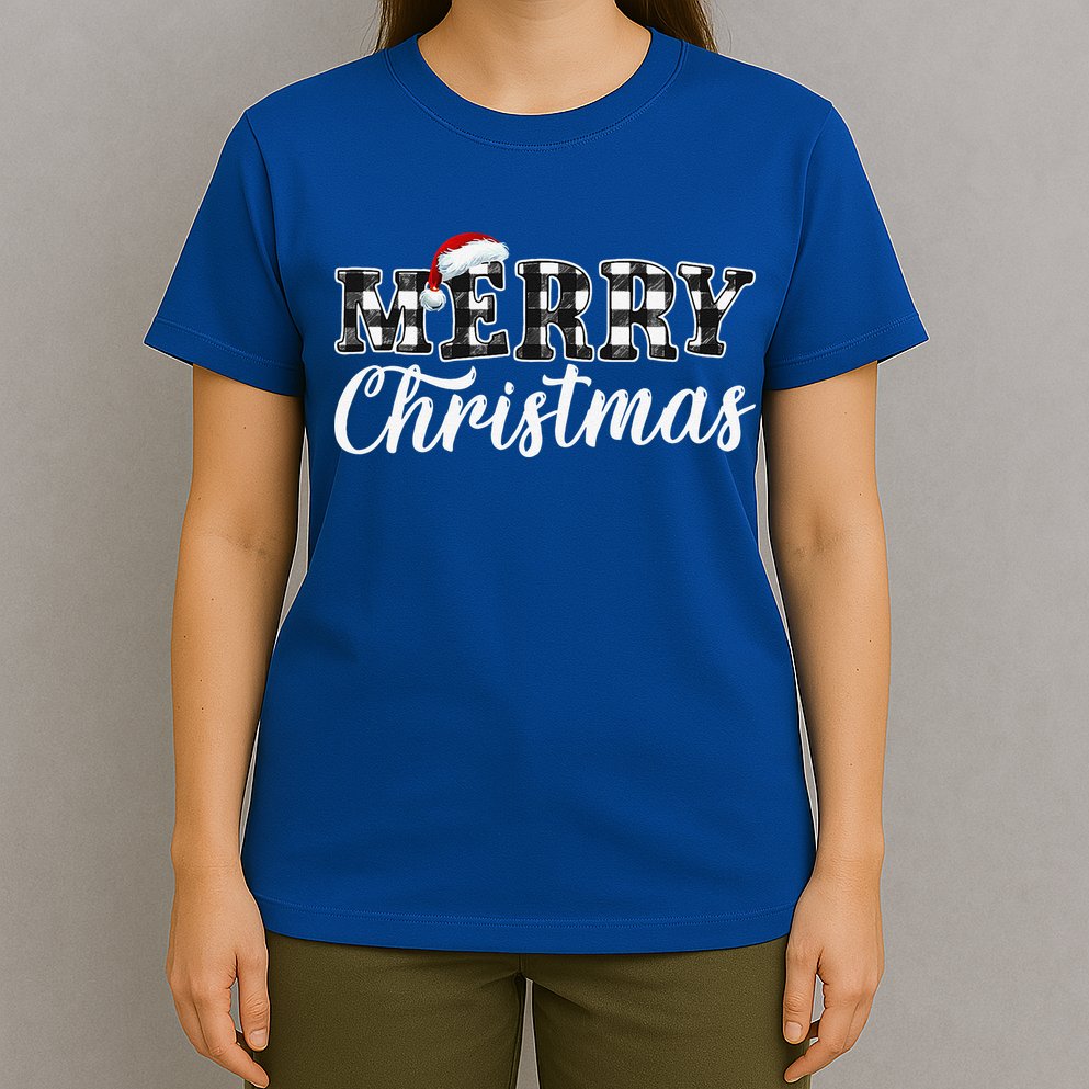 Merry Christmas Buffalo Plaid Black And White Santa Hat Xmas T-Shirt
