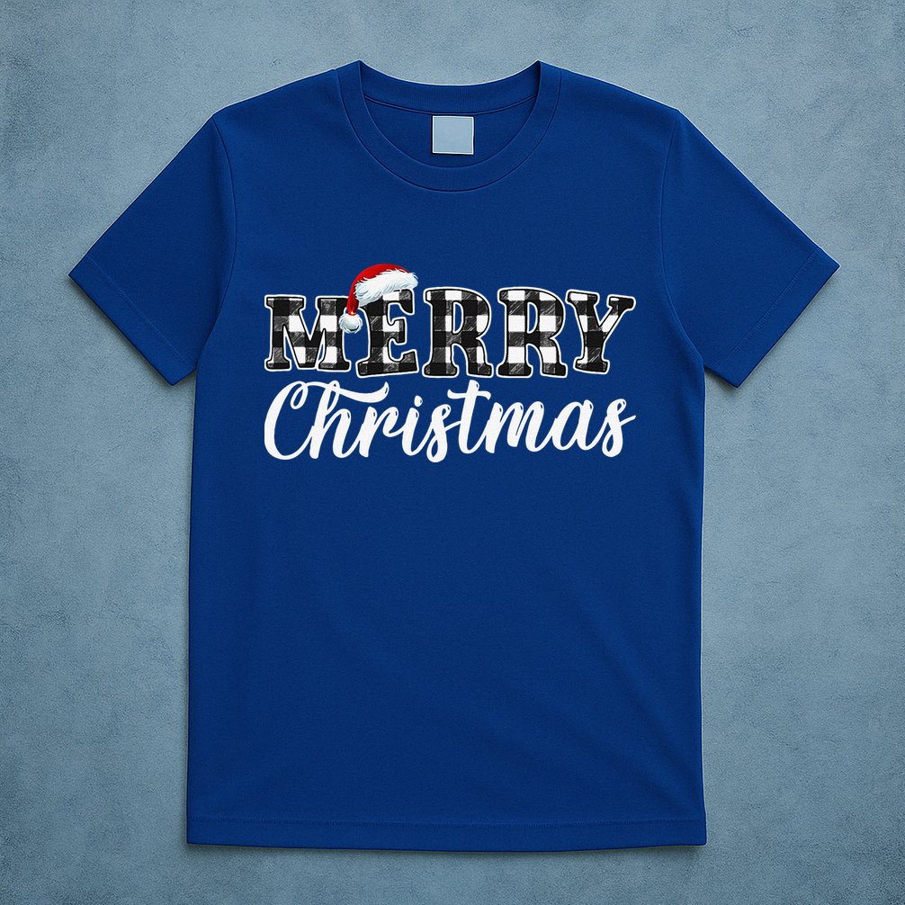 Merry Christmas Buffalo Plaid Black And White Santa Hat Xmas T-Shirt