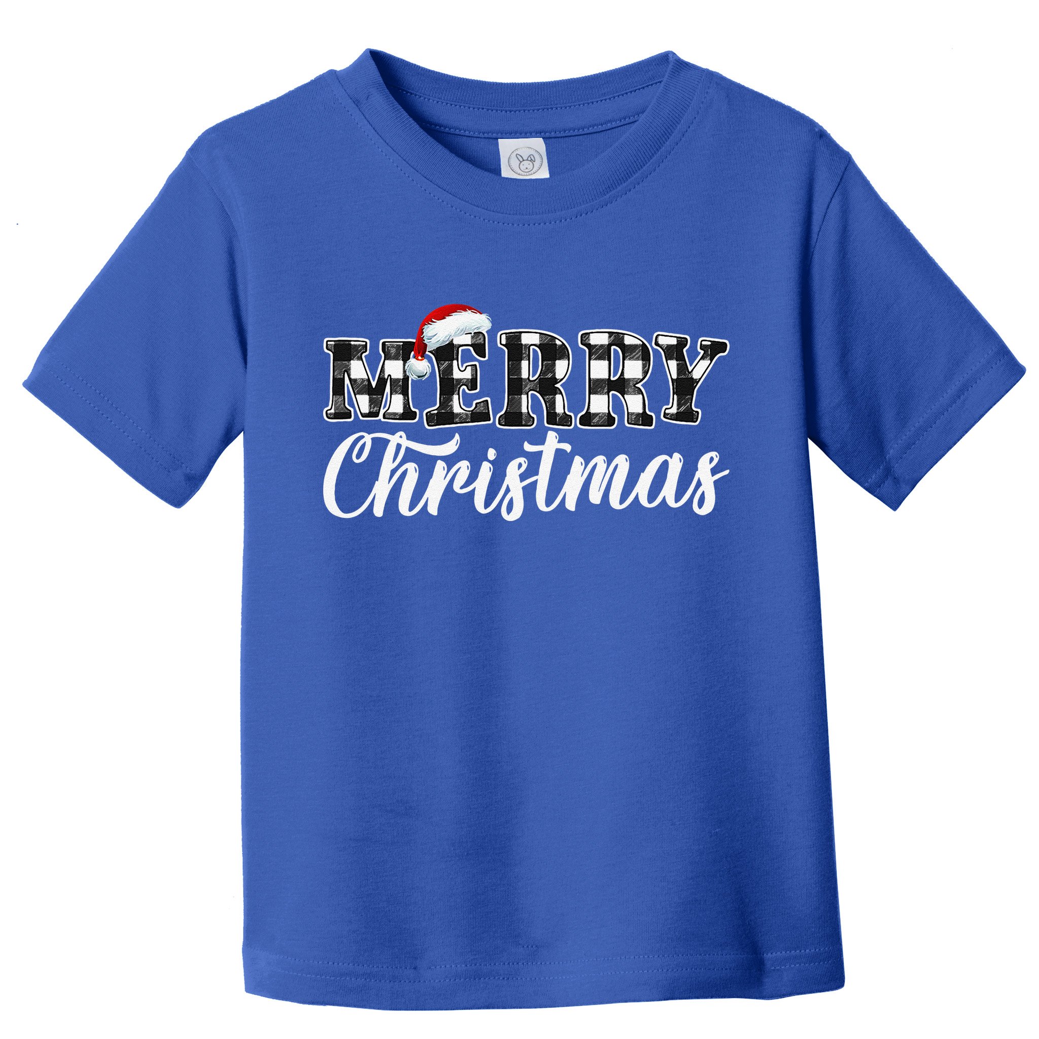 Merry Christmas Buffalo Plaid Black And White Santa Hat Xmas Toddler T-Shirt