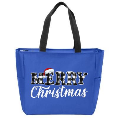 Merry Christmas Buffalo Plaid Black And White Santa Hat Xmas Zip Tote Bag