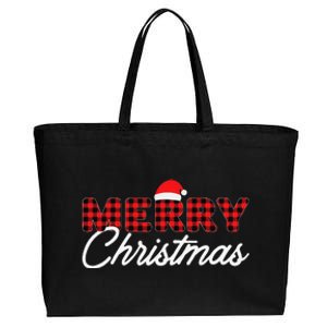 Merry Christmas Buffalo Plaid Red Santa Hat Pajamas Funny Cotton Canvas Jumbo Tote