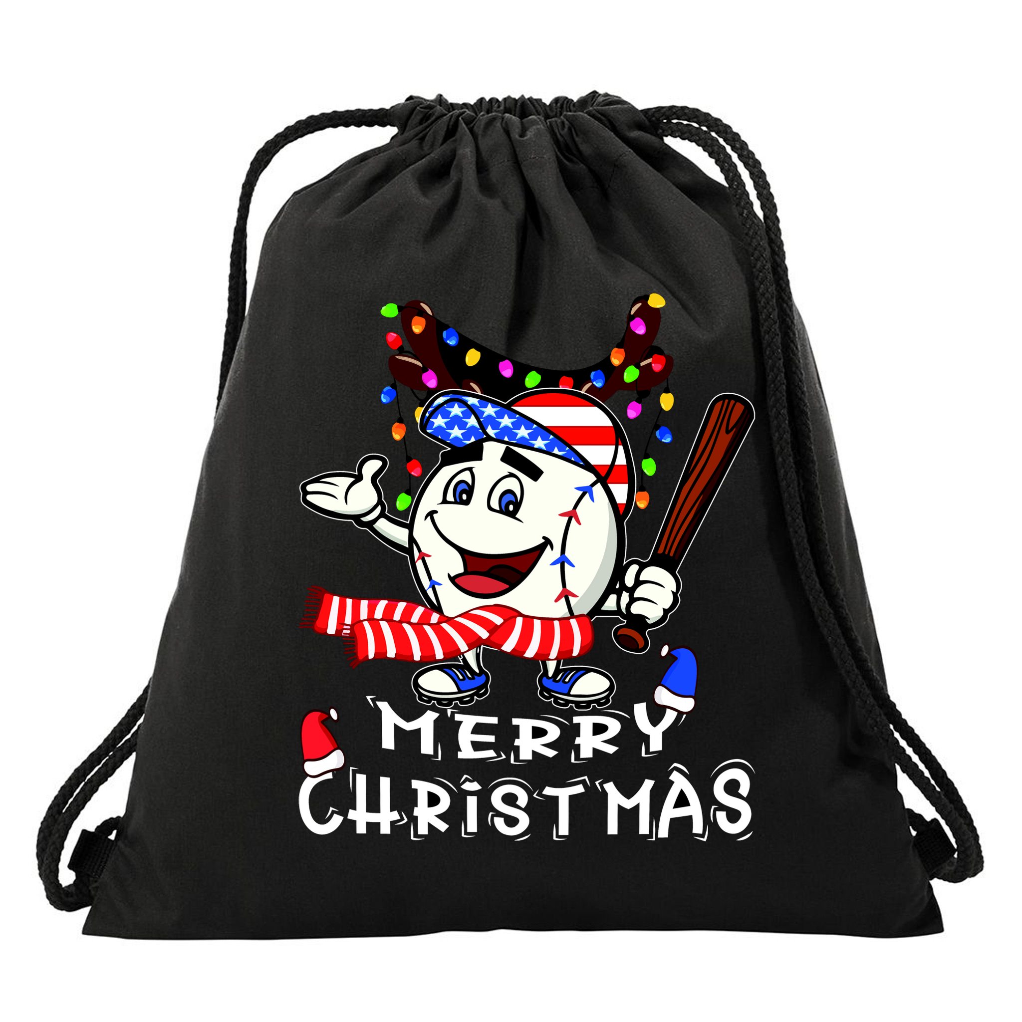 Merry Christmas Baseball Player Drawstring Bag