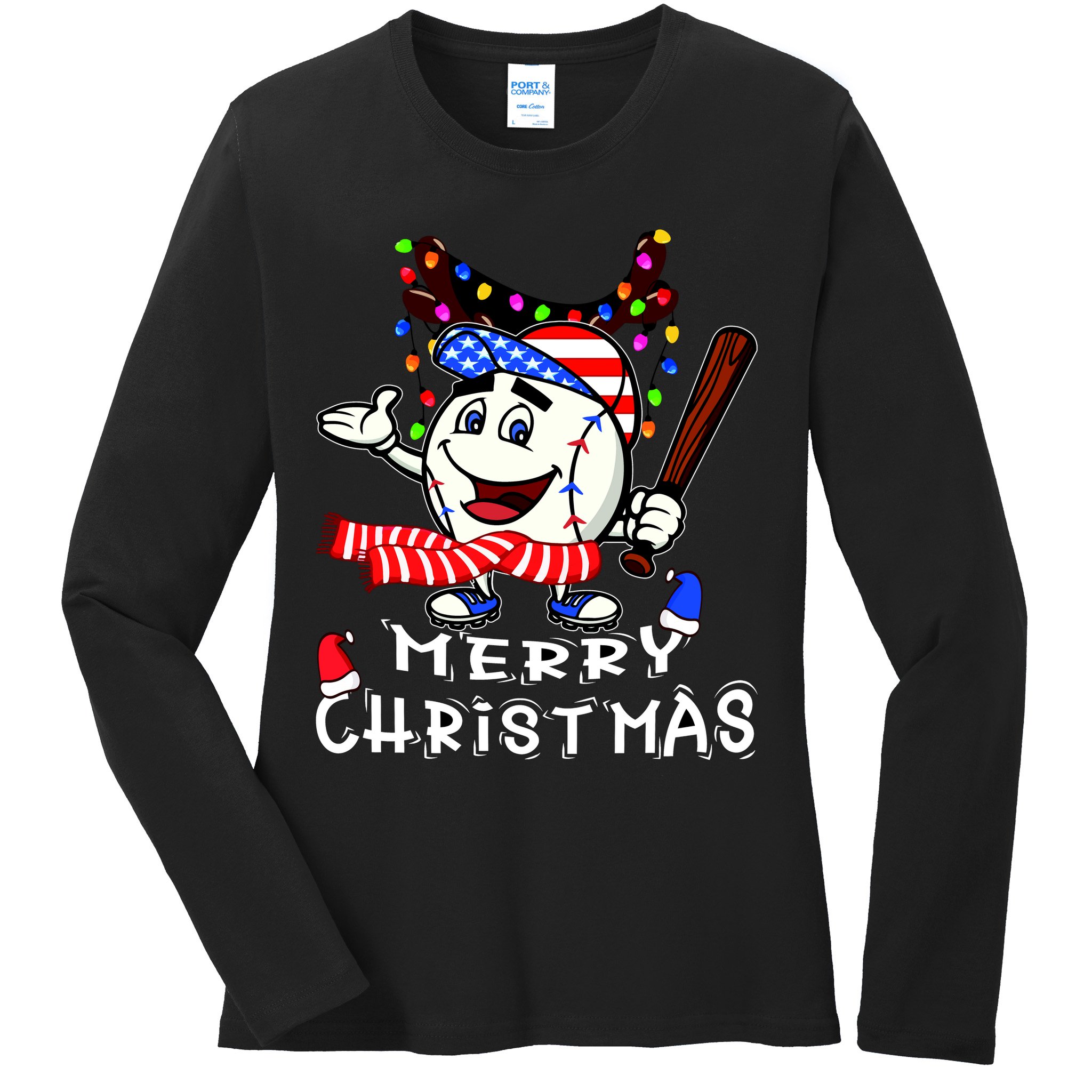 Merry Christmas Baseball Player Ladies Long Sleeve Shirt