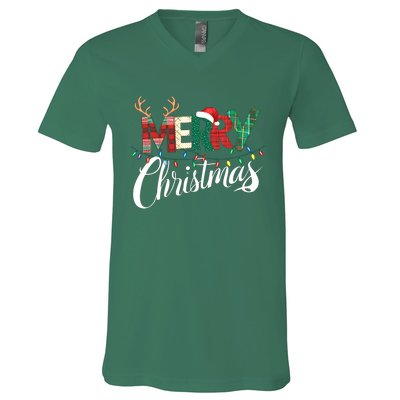 Merry Christmas Buffalo Black And White Plaid Gift V-Neck T-Shirt