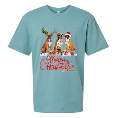 Merry Christmas Boxer Dog Santa Reindeer Light Xmas Pajamas Sueded Cloud Jersey T-Shirt