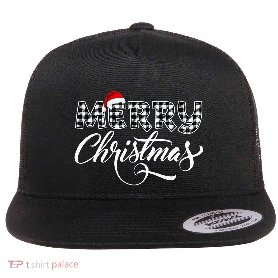 Merry Christmas Buffalo Black And White Plaid Flat Bill Trucker Hat