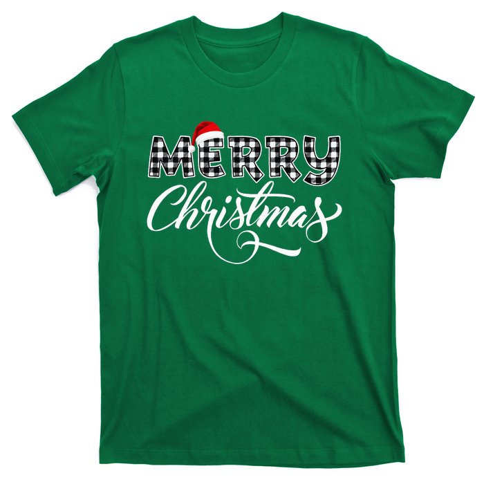 Merry Christmas Buffalo Black And White Plaid T-Shirt