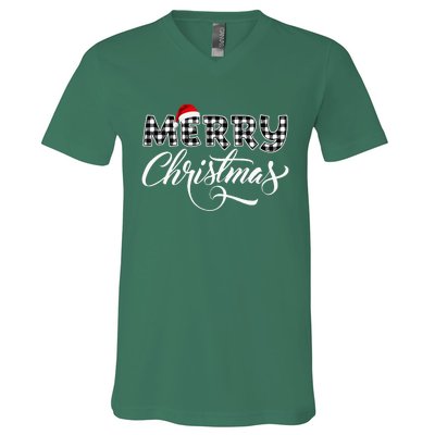 Merry Christmas Buffalo Black And White Plaid V-Neck T-Shirt