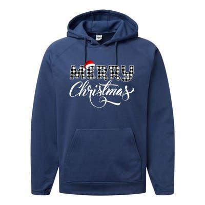 Merry Christmas Buffalo Black And White Plaid Performance Fleece Hoodie