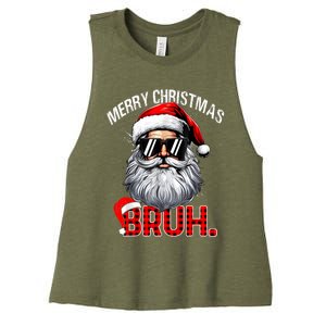 Merry Christmas Bruh Funny Santa Bruh Plaid Xmas Pajamas Women's Racerback Cropped Tank