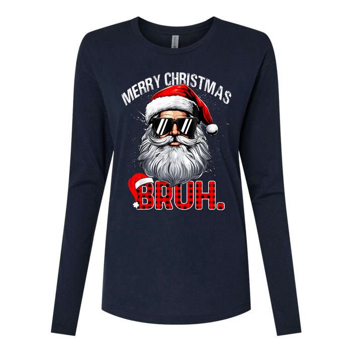 Merry Christmas Bruh Funny Santa Bruh Plaid Xmas Pajamas Womens Cotton Relaxed Long Sleeve T-Shirt