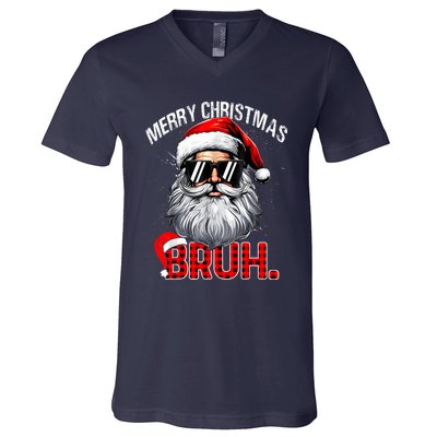 Merry Christmas Bruh Funny Santa Bruh Plaid Xmas Pajamas V-Neck T-Shirt