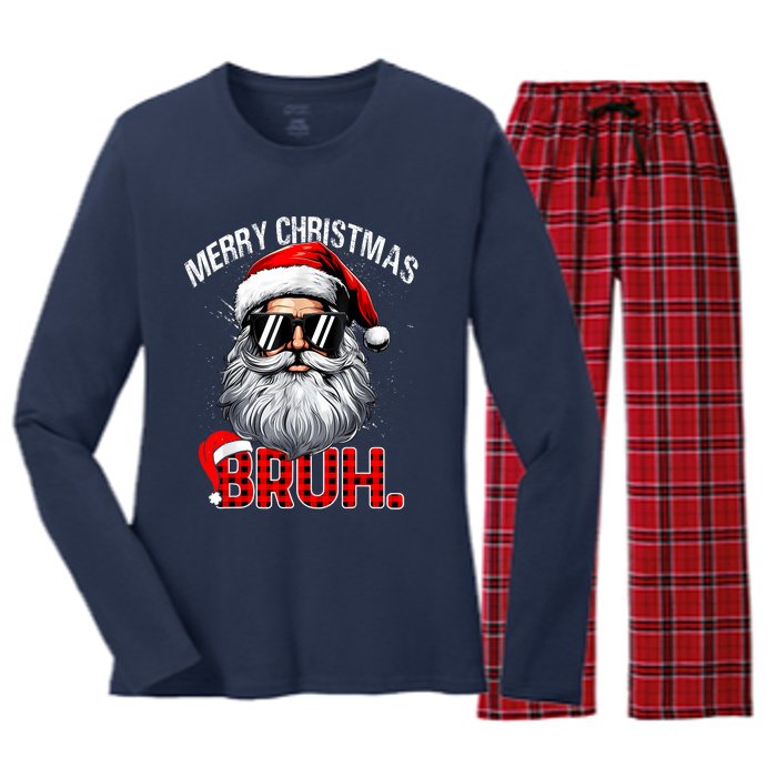 Merry Christmas Bruh Funny Santa Bruh Plaid Xmas Pajamas Women's Long Sleeve Flannel Pajama Set 