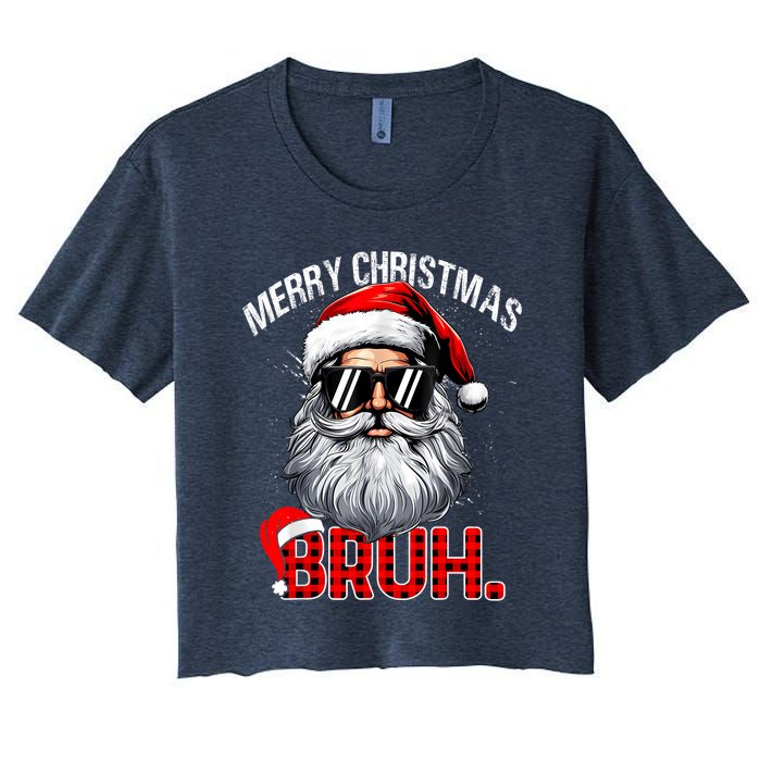 Merry Christmas Bruh Funny Santa Bruh Plaid Xmas Pajamas Women's Crop Top Tee