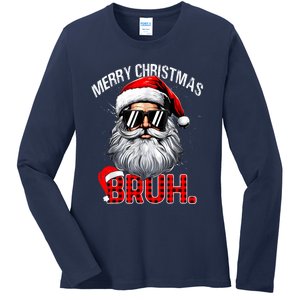 Merry Christmas Bruh Funny Santa Bruh Plaid Xmas Pajamas Ladies Long Sleeve Shirt