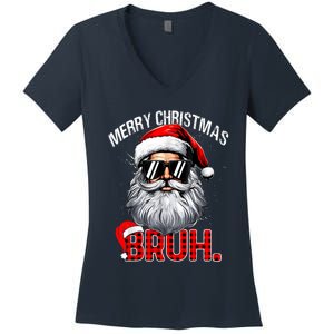 Merry Christmas Bruh Funny Santa Bruh Plaid Xmas Pajamas Women's V-Neck T-Shirt