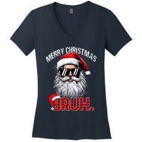 Merry Christmas Bruh Funny Santa Bruh Plaid Xmas Pajamas Women's V-Neck T-Shirt