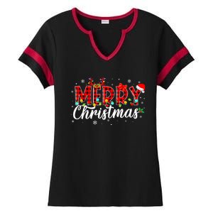 Merry Christmas Buffalo Plaid Red Santa Family Matching Xmas Ladies Halftime Notch Neck Tee