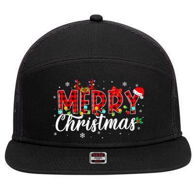 Merry Christmas Buffalo Plaid Red Santa Family Matching Xmas 7 Panel Mesh Trucker Snapback Hat