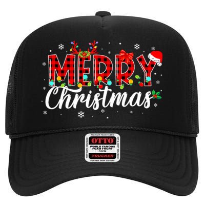 Merry Christmas Buffalo Plaid Red Santa Family Matching Xmas High Crown Mesh Back Trucker Hat