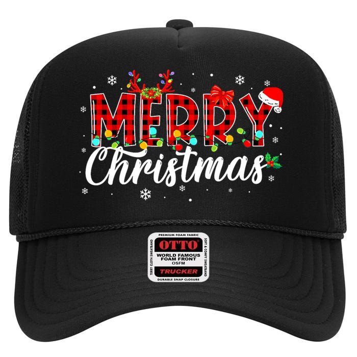 Merry Christmas Buffalo Plaid Red Santa Family Matching Xmas High Crown Mesh Back Trucker Hat