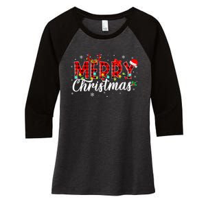 Merry Christmas Buffalo Plaid Red Santa Family Matching Xmas Women's Tri-Blend 3/4-Sleeve Raglan Shirt