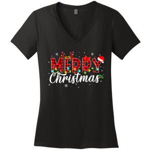 Merry Christmas Buffalo Plaid Red Santa Family Matching Xmas Women's V-Neck T-Shirt