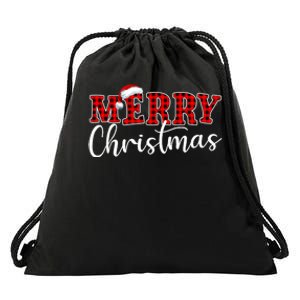 Merry Christmas Buffalo Plaid Red Santa Hat Xmas Pajamas Drawstring Bag