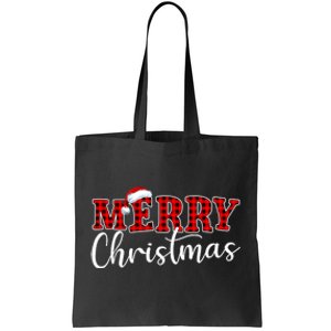 Merry Christmas Buffalo Plaid Red Santa Hat Xmas Pajamas Tote Bag