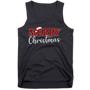 Merry Christmas Buffalo Plaid Red Santa Hat Xmas Pajamas Tank Top