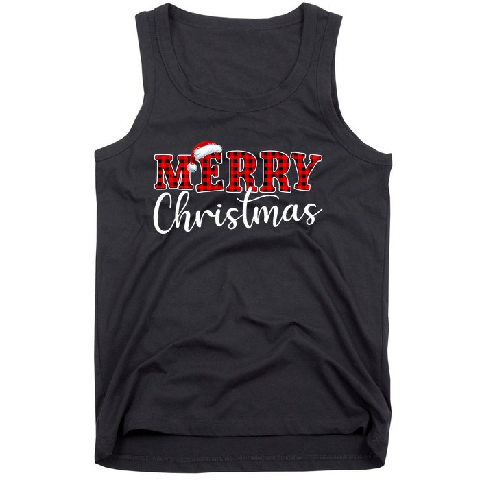 Merry Christmas Buffalo Plaid Red Santa Hat Xmas Pajamas Tank Top