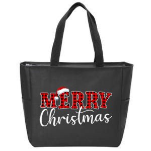 Merry Christmas Buffalo Plaid Red Santa Hat Xmas Pajamas Zip Tote Bag