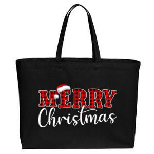 Merry Christmas Buffalo Plaid Red Santa Hat Xmas Pajamas Cotton Canvas Jumbo Tote