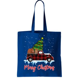 Merry Christmas Bear Xmas Plaid Red Truck Tree On Car Gift Tote Bag