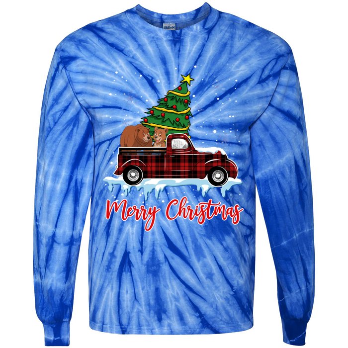 Merry Christmas Bear Xmas Plaid Red Truck Tree On Car Gift Tie-Dye Long Sleeve Shirt