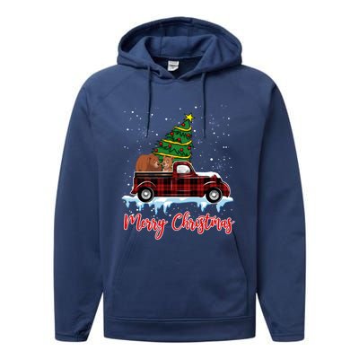 Merry Christmas Bear Xmas Plaid Red Truck Tree On Car Gift Performance Fleece Hoodie