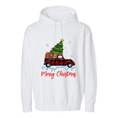 Merry Christmas Bear Xmas Plaid Red Truck Tree On Car Gift Garment-Dyed Fleece Hoodie