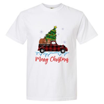 Merry Christmas Bear Xmas Plaid Red Truck Tree On Car Gift Garment-Dyed Heavyweight T-Shirt