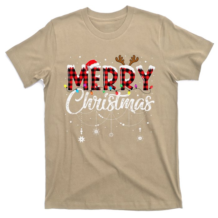 Merry Christmas Buffalo Plaid Red Santa Hat Xmas Pajamas T-Shirt