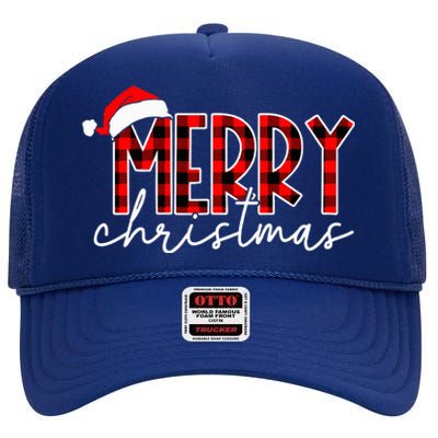 Merry Christmas Buffalo Red Plaid Santa Hat Xmas Pajamas High Crown Mesh Back Trucker Hat