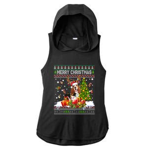 Merry Christmas Basset Hound Santa Xmas Lights Ugly Pajama Ladies PosiCharge Tri-Blend Wicking Draft Hoodie Tank