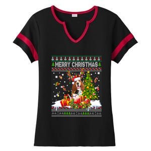 Merry Christmas Basset Hound Santa Xmas Lights Ugly Pajama Ladies Halftime Notch Neck Tee