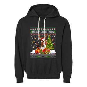 Merry Christmas Basset Hound Santa Xmas Lights Ugly Pajama Garment-Dyed Fleece Hoodie