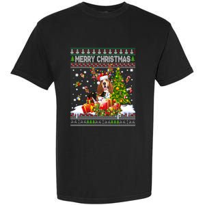 Merry Christmas Basset Hound Santa Xmas Lights Ugly Pajama Garment-Dyed Heavyweight T-Shirt