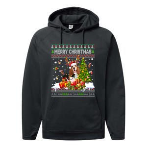 Merry Christmas Basset Hound Santa Xmas Lights Ugly Pajama Performance Fleece Hoodie